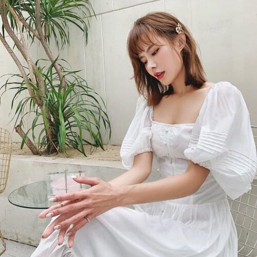 AKSAYA French Style Vintage Courtly White Long Dress Women Waist Puff Sleeve Ankel Lengthv Temperament New Summer 2021