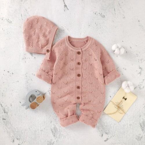 Newborn Baby Winter Clothes Knitted Baby Boys Girls Rompers Long Sleeve Clothing Sweater Jumpsuit Hats Costumes 2pcs 2021