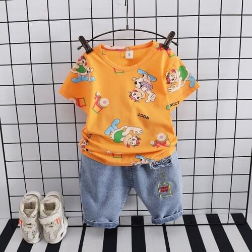Cool Kid Boys 2021 Summer Clothes Outfit Fashion Cotton Print T-Shirt+Denim Shorts 2PC/Sets Casual Infant Children Clothing