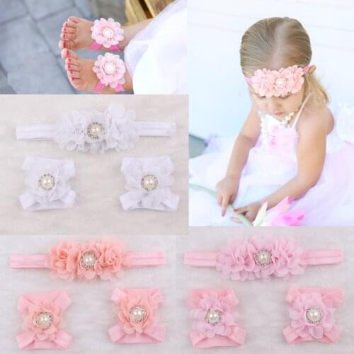 20 Colors Newborn Baby Girls Elastic Headband and Pearl Flower Barefoot Sandal Shoes Set Fashion Accessories Photography Props