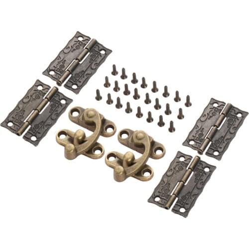 4Pcs 36*23mm Antique Bronze Cabinet Decorative Hinges+2Pcs 29*33mm Jewelry Wood Box Toggle Hasps Latch Clasps Furniture Hardware