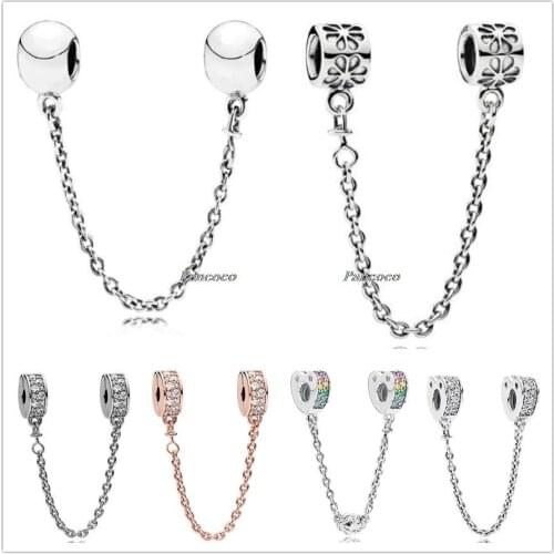 Authentic 925 Sterling Silver Rose Gold Shining Elegance With Crystal Safety Chain Bead Fit Pandora Bracelet & Necklace Jewelry