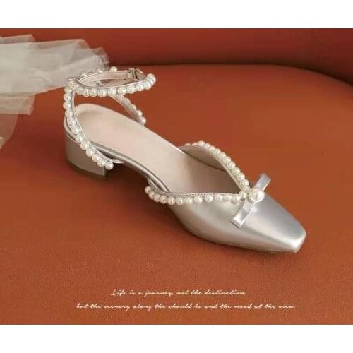 2021 Summer New French Style Mid Heel Toe Box Sandals Womens Chunky Heel Ankle-Strap Pearl High Heels Fairy Wedding Shoes