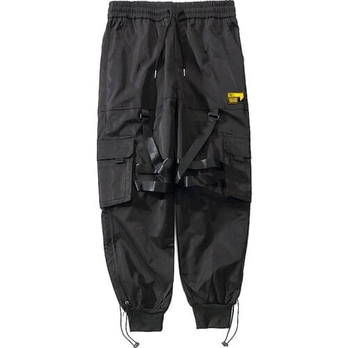 Techwear Ribbons Hip Hop Cargo Paratrooper Pants Men Joggers Streetwear Ankle-Length Elastic Waist Black Joggers Casual Trousers
