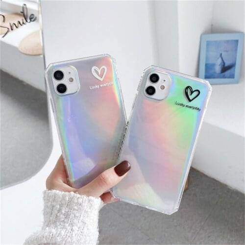 Cute Love Heart Frame Phone Case For iPhone 12 Pro Mini 11 Pro Max X XR XS Max 7 8 Plus SE 2020 Laser Paper Clear Soft TPU Cover