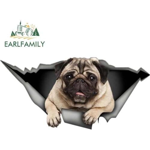 EARLFAMILY 13cm Pug Dog Car Sticker Torn Metal Decal 3D Window Car Bumper Decals Reflective Vinyl Stickers