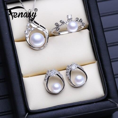 FENASY 925 Sterling Silver Statement Pendant Necklace Natural Pearl Jewelry Sets For Women Bohemian Stud Earrings Party Rings