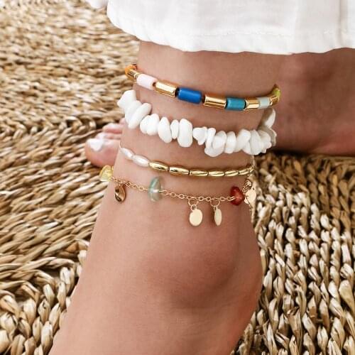 Hot Bohemian Sequins Pendant Stone Anklets Set For Women Vintage Handmade Beaded Anklet Bracelet on Leg Boho Beach Ocean Jewelry