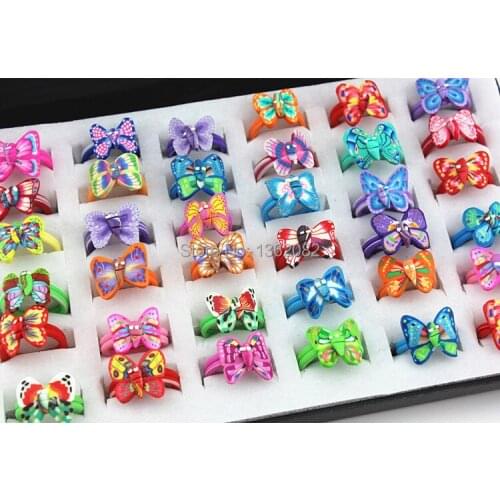 Wholesale Lots 50 PCS Lovely Children Rings Baby Girl Butterfly Polymer clay Rings Fimo Children Jewelry MR15