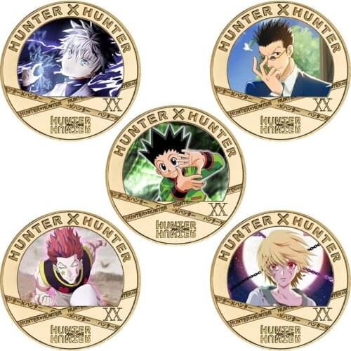 5pcs Japanese Anime Hunter Gold Plated Coins Collectibles with Box US Challenge Coin Original Anime Gifts for Children