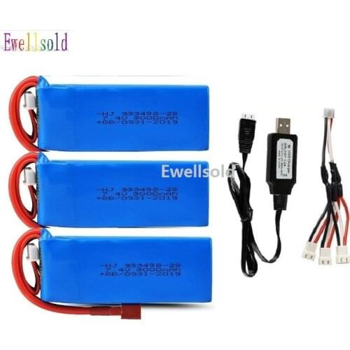 YUKALA 7.4V 3000mAh Lipo Battery T Plug with charger for Wltoys 144001 124018 124019 R/C toys car parts 7.4V 2S high capacity