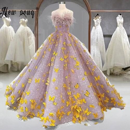 3D Butterfly Ball Gown Feathers Prom Dress 2021 A Line Purple Formal Party Dresses Tulle Long Evening Gowns Performance Gown