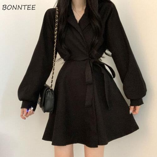 Long Sleeve Dress Women Chic Korean Stylish Lacing A-line V-neck Lovely Solid Casual Ulzzang All-match Retro Harajuku Femme Cute