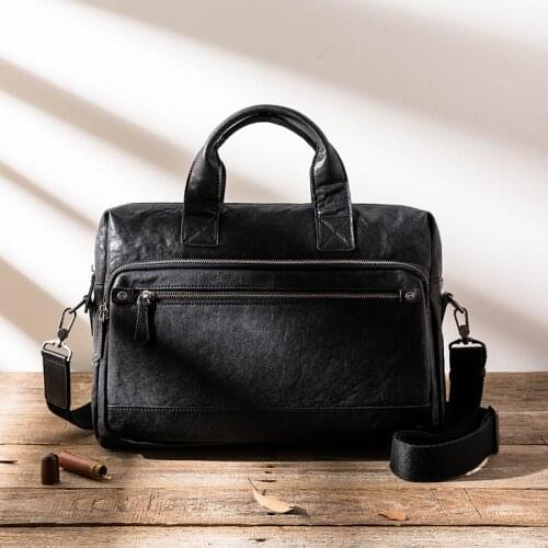 Retro fashion designer natural genuine leather mens black portable business briefcase office laptop ladies messenger bag