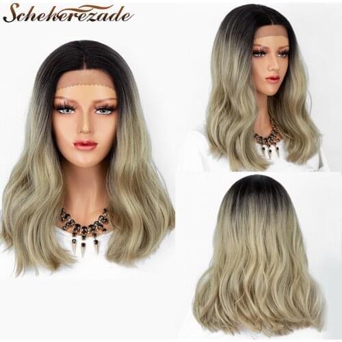 Scheherezade Ombre Lace Wigs For Women Short Bob Synthetic Wig Heat Resistant Fiber Ash Blonde Lace Front Wig With Black Roots