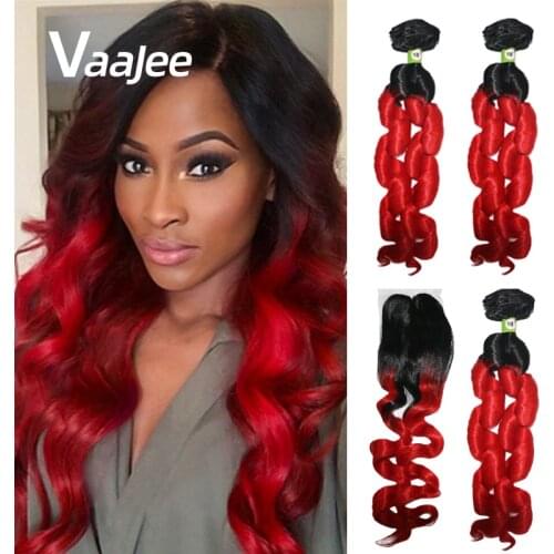 VaaJee Afro Rose Curly Hair Red Extensions 18 inch Synthetic Hair Bundles Lace Front with Closure Weave Hair Women Extension
