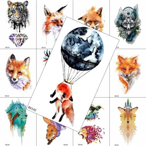 Watercolor Fox Temporary Tattoos Planets Sticker Fake Waterproof Minimalist Tattoo Decal For Men Body Art Arm Realistic Tatoos