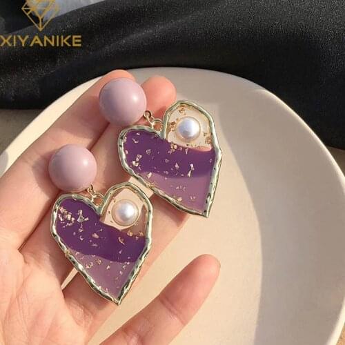XIYANIKE South Korea Earrings Dangle Romantic Sweet Pearl Purple Pink Patchwork Heart Earrings 2020 Summer Trendy Female Jewelry