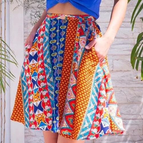 Summer Print Skirt Women A-Line High Waist Big Swing Mini Skirt With Pocket Fashion Slim Holiday Beach Casual Skirt Plus Size