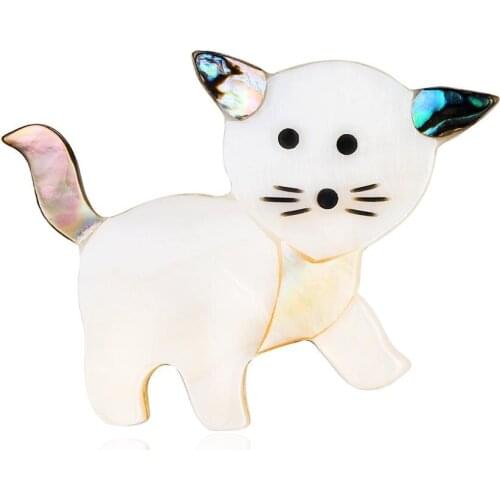 Lovely White Cat Animal Natural Shell Brooch Suit Lapel Pin for Women Dress Decorations Corsage Clothing Jewelry AL543