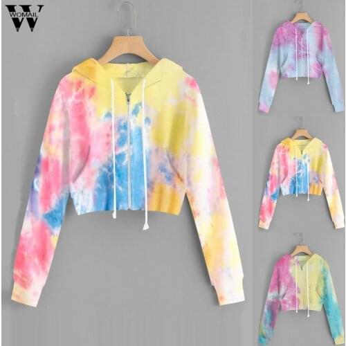 Womail Hoodies women sweatshirt Colorful Tie Dye Printed Long Sleeve Hooded Womens crop Tops Korean Loose short Pullover худи