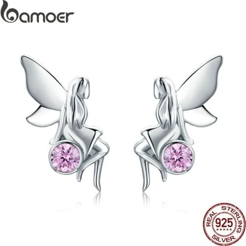 BAMOER New Trendy 100% 925 Sterling Silver Flower Fairy Pink CZ Stud Earrings for Women Sterling Silver Jewelry Gift SCE395