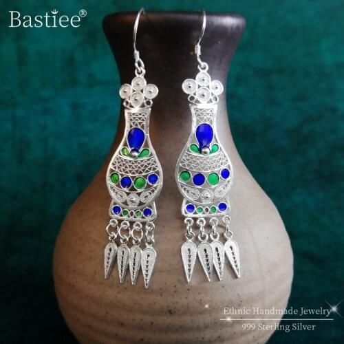 Bastiee 999 Sterling Silver Earrings For Women Vintage Vase Cloisonne Enamel Luxury Jewelry Boho Ethnic Handmade Earings Retro