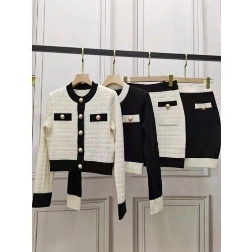 Autumn High Quality Women Casual Patchwork Wool Coat Sweater Cardigan With A-Line Skirt Ladies Luxury Sets 2 Color Gdnz 8.22