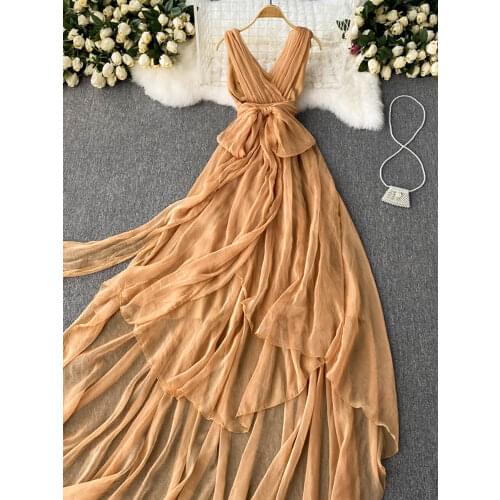 White/Brown Sexy Chiffon Long Dress Women Summer Deep V-Neck Irregular Bandage Floor-Length Vestidos Vacation Beach Robe 2021