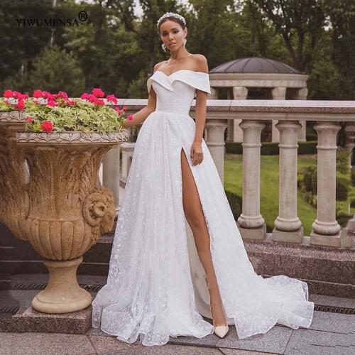 A98 Sweetheart Short Sleeves Princess A Line Side Split Wedding Dress Off The Shoulder Bridal Gown Robe De Marriage Dresses