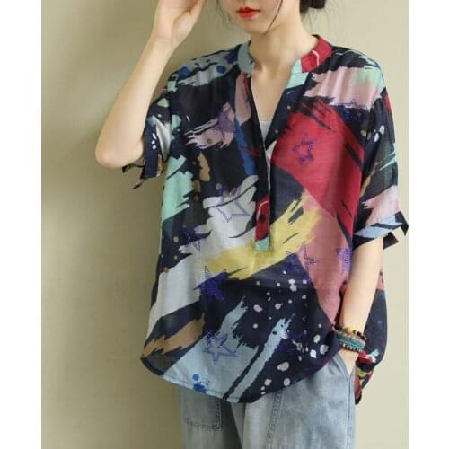 2021 Arts Summer Style Women Printed V-neck Shirts Short Sleeve Loose Vintage Cotton Casual Blouses Plus Size Femme Blusas