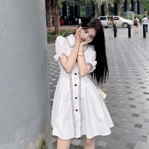 2021 Mini White Shirt Dresses Cotton Peter Pan Collar Cute Hot Women Korean Japanese Date Girls Party Summer Dress Puff Sleeve