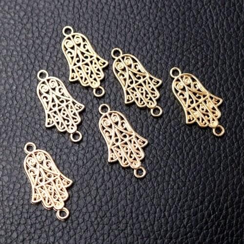 8pcs/lot Gold Plated Fatima Hands Shaped Double Hanging Connector Rhinestone Charms Necklace Pendant DIY Jewelry Making 28*14mm