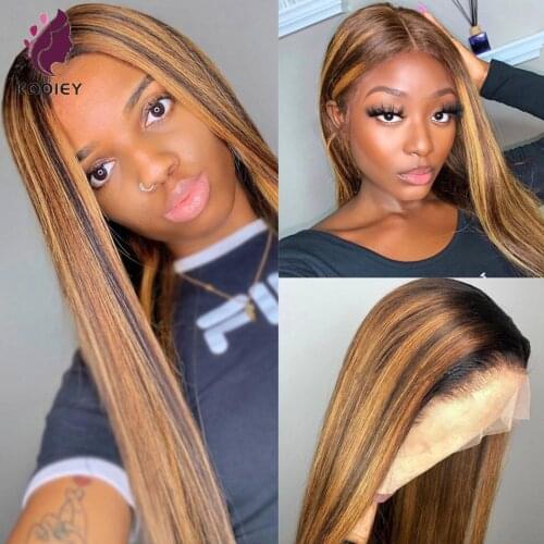 Glueless 13x6 Lace Front Human Hair Wig Straight Highlight Brazilian Remy Ombre Hair Pre Plucked Natural Hairline Bleached Knots
