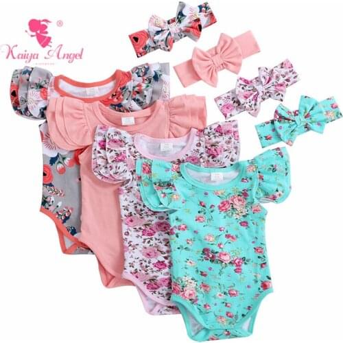 Kaiya Angel Hot Baby Boy Girl Cottons Clothing Set Bodysuits with Headband Newborn Peony Rose Floral Summer Clothes Wholesale