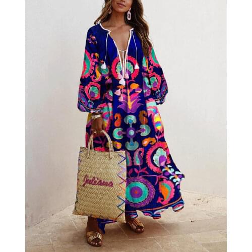 Bohemian Maxi Dresses Drawstring V-neck Long Sleeve Loose Dress Ladies Casual Floral Printed Retro Party Dresses Vestidos
