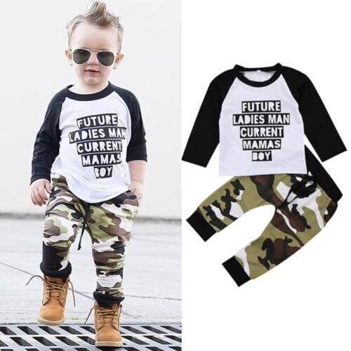 0-5Y Kids Boys Clothes Set Letter Print Long Sleeve Pullover + Camouflage Long Pants 2Pcs Spring Autumn Oufits for Toddler Boys