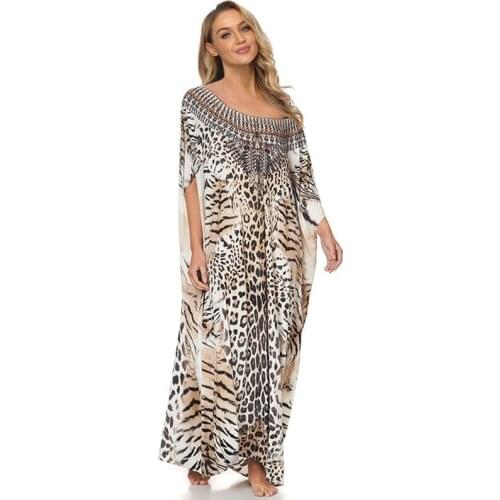 Womens Round Neck Kaftan Jaguar Leopard Print Maxi Dress Dubai Luxe Caftan Untamed Wild Stylish Smock Dress Opulent Loungewear