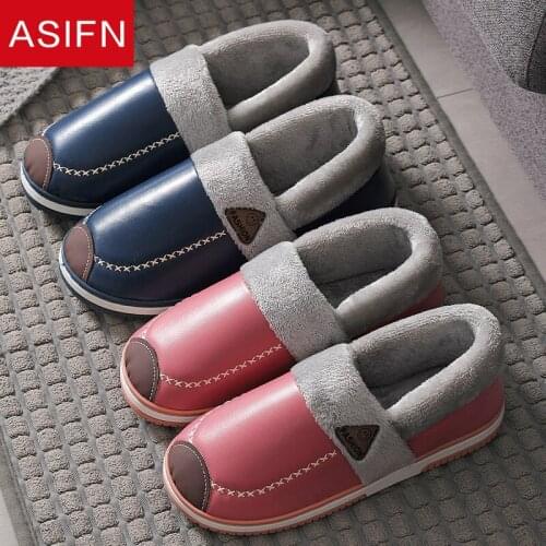 ASIFN Women Home Winter Slippers with Fur Leather Indoor Non-Slip Waterproof House Thick Bottom Men Plush Furry Women Slippers