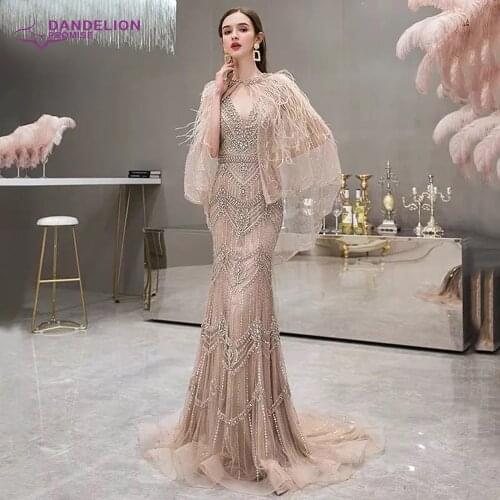 Dubai Champagne V-Neck Sexy Mermaid Evening Dresses For Women 2021 Sleeveless Shawl Yarn Feathers Formal Party Gown