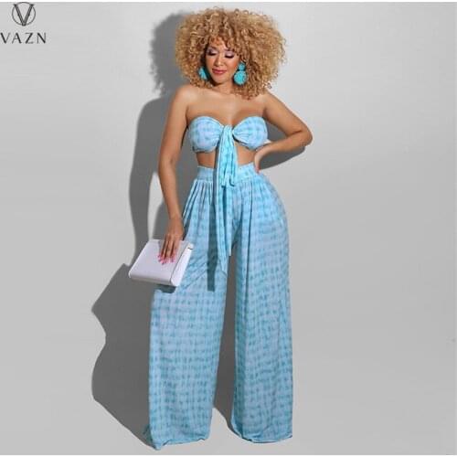 VAZN 2021 Top Quality Chiffon Sweet Free Solid Holiday Strapless Bandage Top Wide Leg Pants Slim Women 2 Piece Set