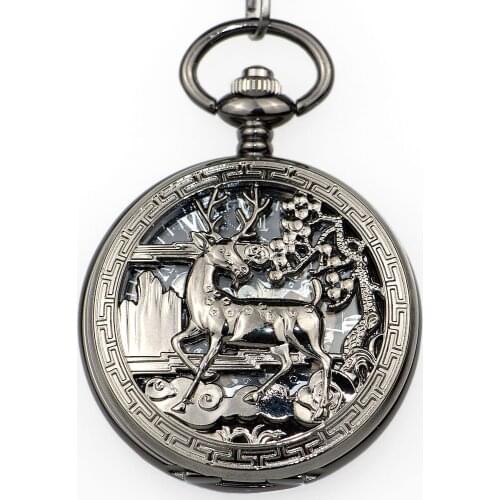 Best Vintage Running Deer Mehcanical Pocket Watches Men Hollow Skeleton Dial with Fob Chain for Men Women with Box PJX1337