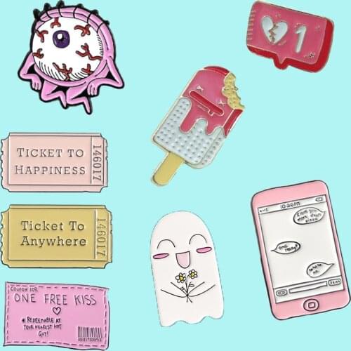 Monster big eyes, Ice cream heartbreak message Kiss ticket Phone Cute ghost BOO-tiful badge Movie Tickets Brooches