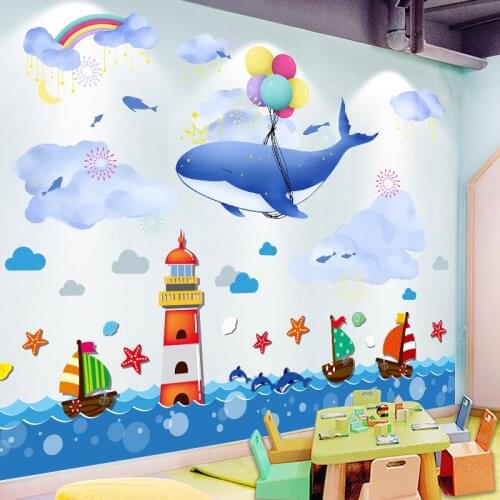 [shijuekongjian] Whale Clouds Balloons Wall Stickers DIY Lighthouse Boats Mural Decals for Kids Rooms Baby Bedroom Decoration