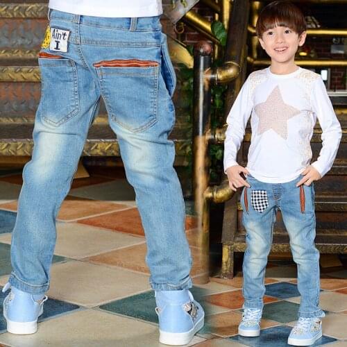 2019 Kids Boys spring new elastic denim pants Children Boys casual leather patchwork embroidery letters jeans 4-9 years