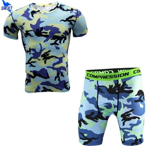 New Fitness Men Camouflage Compression Running Set Short Sleeve Shirt+Shorts Quick Dry Bodybuilding Tracksuit Stretch Sport Suit
