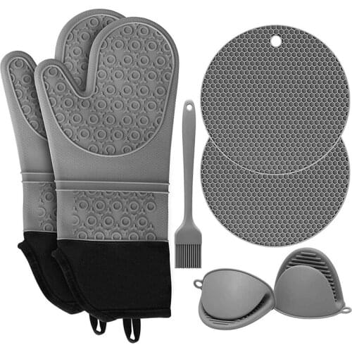 Extra Long Oven Mitts and Pot Holders Sets, 15 Inches Heat Resistant Silicone Oven Mitts with Mini Oven Gloves