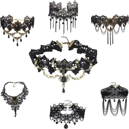 Gothic Chokers Black Stone Sexy Lace Neck Choker Necklace Vintage Victorian Women Chocker Steampunk Halloween Jewelry