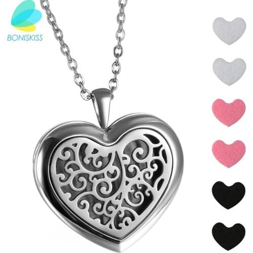 Boniskiss 316L Stainless Steel Aromatherapy Pendant Essential Oil Perfume Life Of Tree Locket Heart Shape Diffuser Necklace