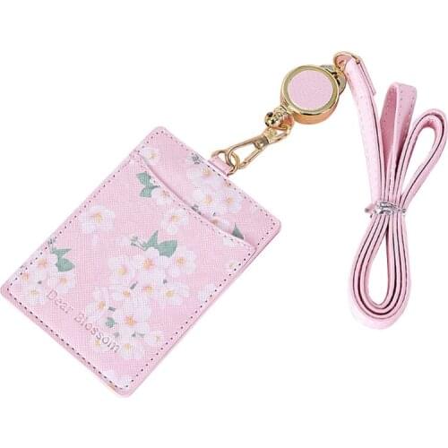 Cute Flowers PU Leather Bus ID Credit Card Holder Case Portable Badge Retractable Neck Strap Lanyard for Office Work